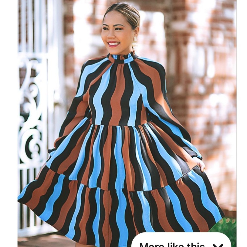 STINE GOYA Jasmine Dress in Wavy Stripes Blue Brown Size M